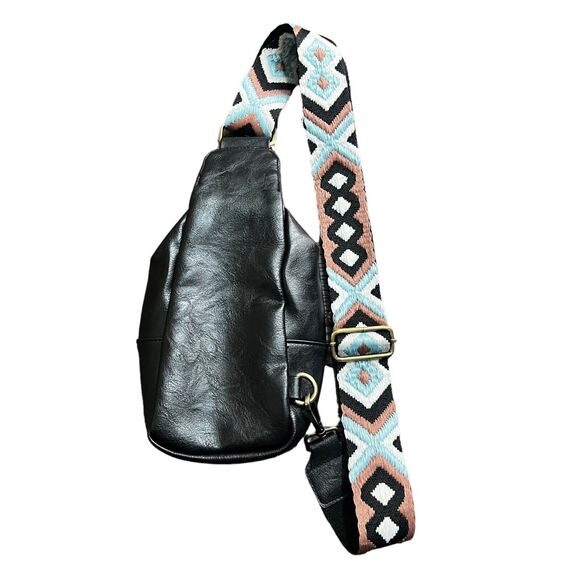 Unbranded Black Vegan Leather Sling Bag Embroidered Strap - Picture 7 of 10